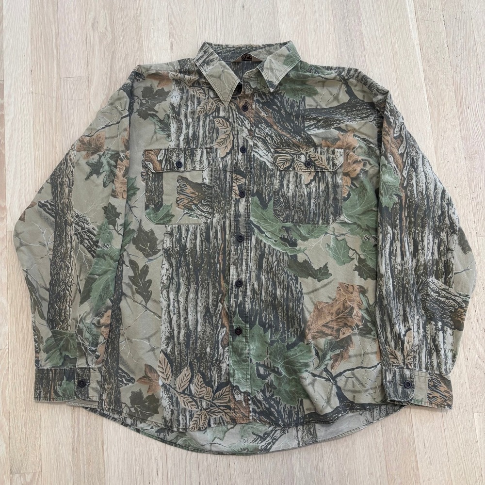 Walls Camo Button Down Shirt Mens XL Green Brown Excellent Realtree Hunting